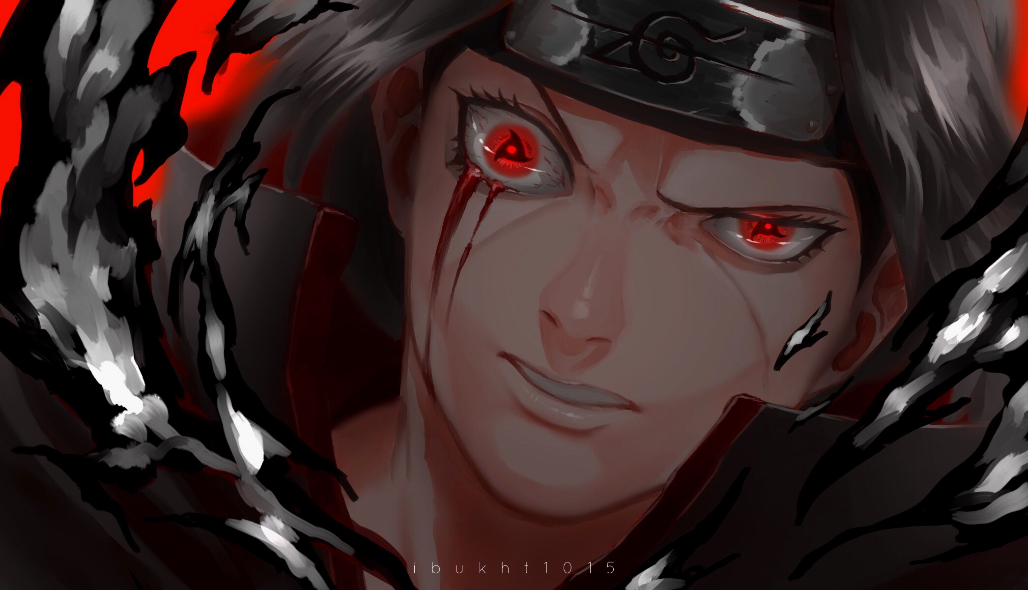 Itachi Uchiha avec le Mangekyo Sharingan activé, visage dans l'ombre