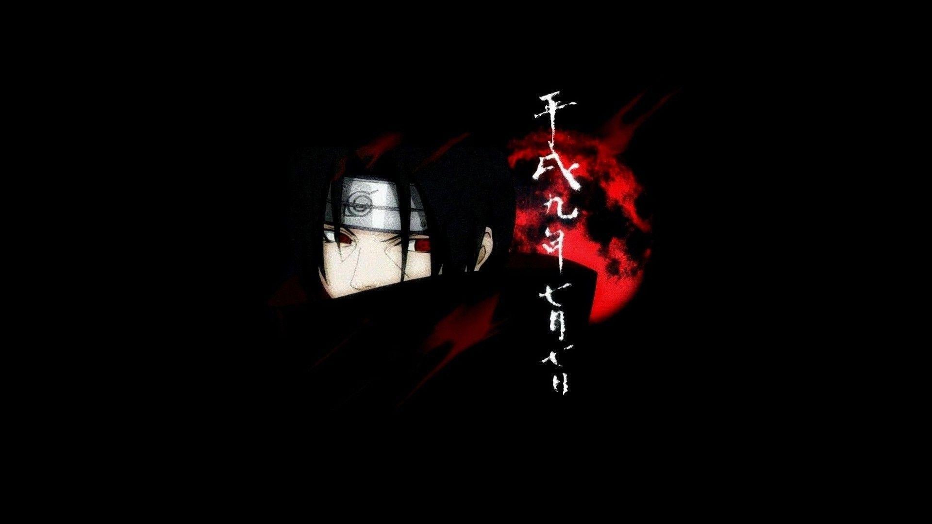 Itachi Uchiha avec le Sharingan activé, regard perçant dans l'obscurité